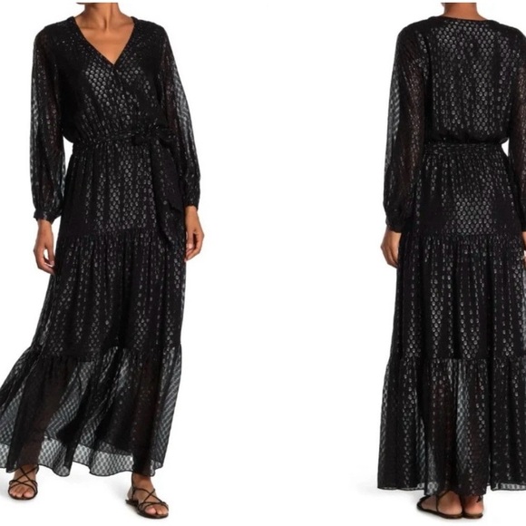 Johnny Was Jade Yobain Silk Maxi Dress Black M Tiered Long Sleeve Boho Luxe - Picture 1 of 13